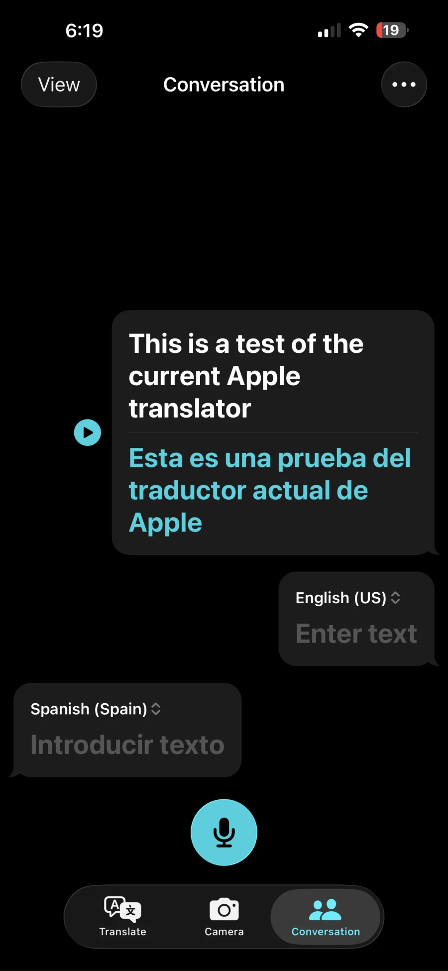 Apple Translate showing only the first sentence of the English-to-Spanish pause test