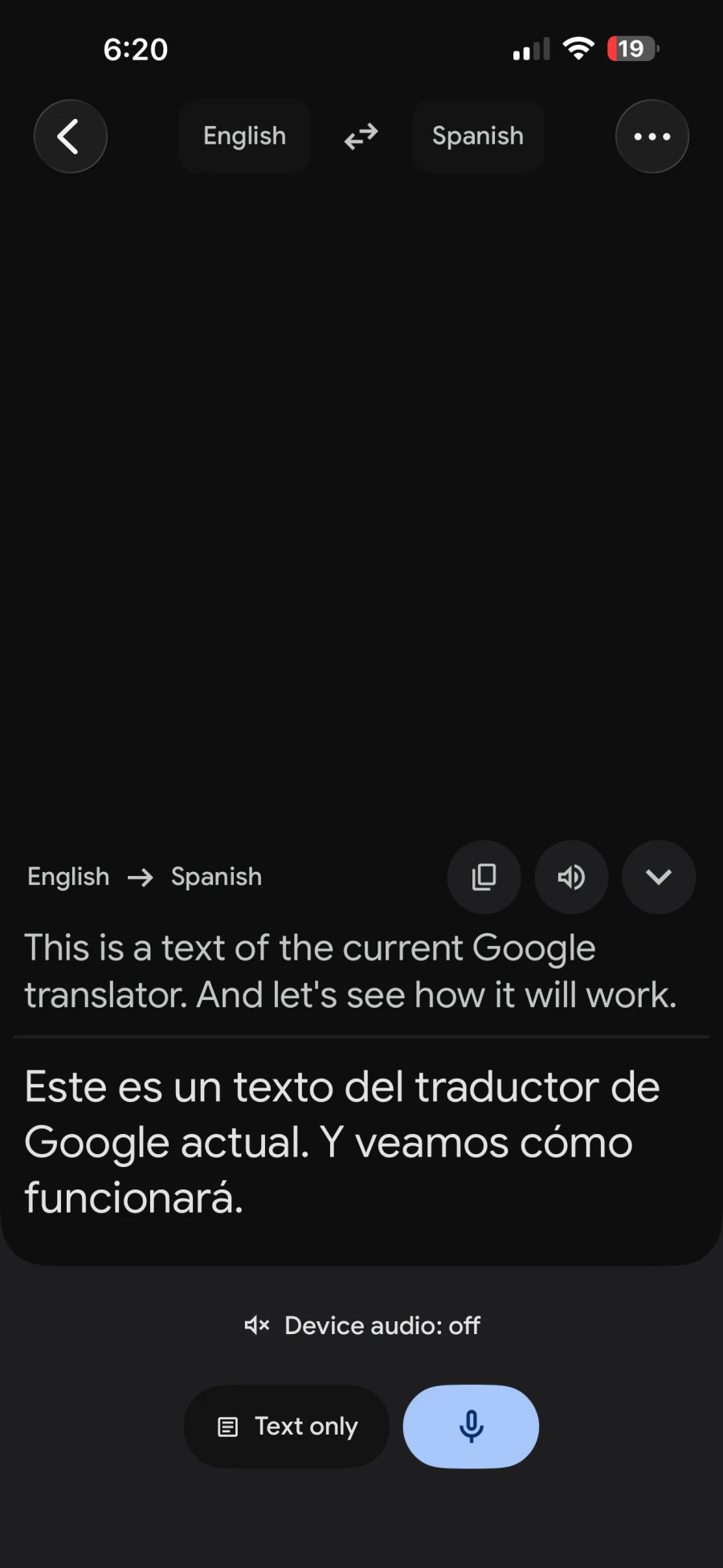 Google Translate showing the two-sentence English-to-Spanish pause test