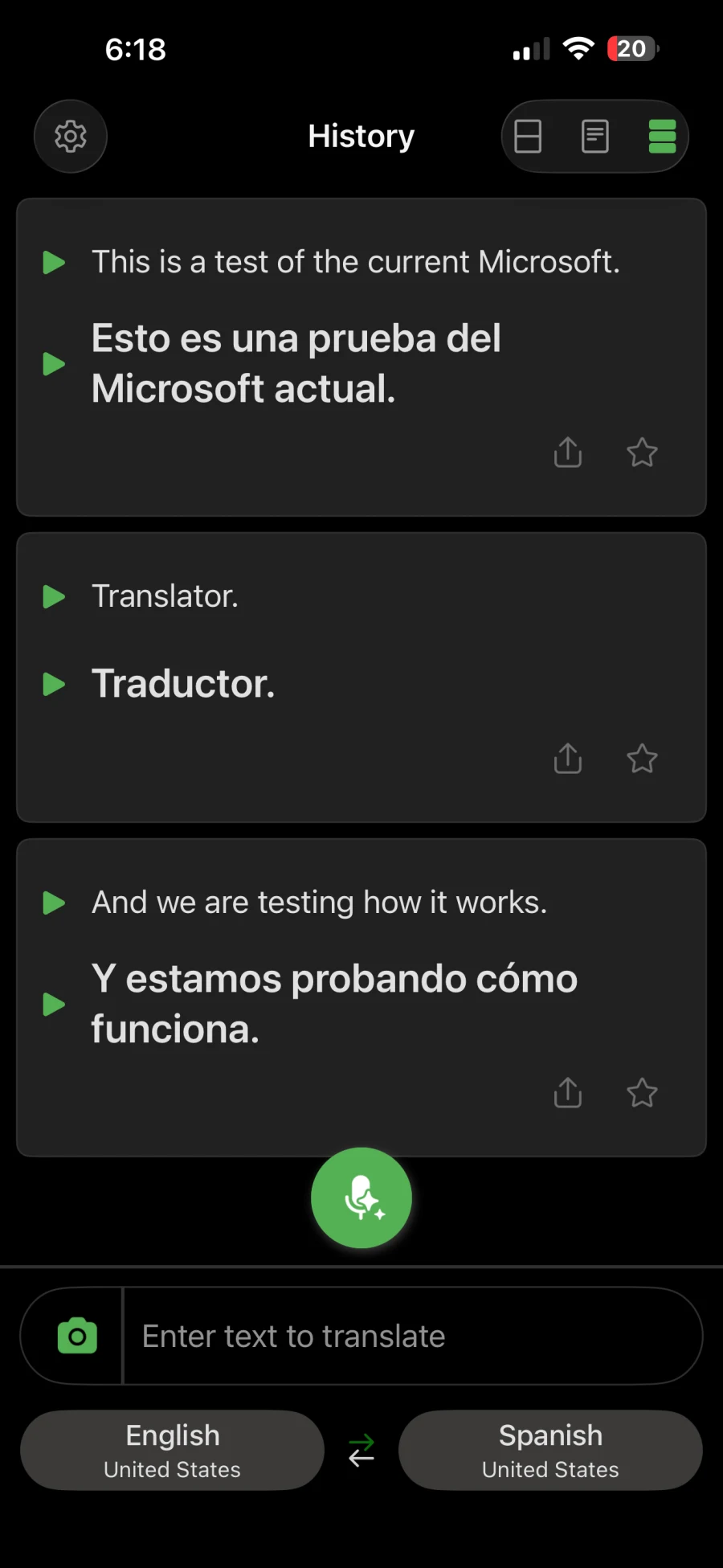 Microsoft Translator splitting the pause test into three separate translation cards