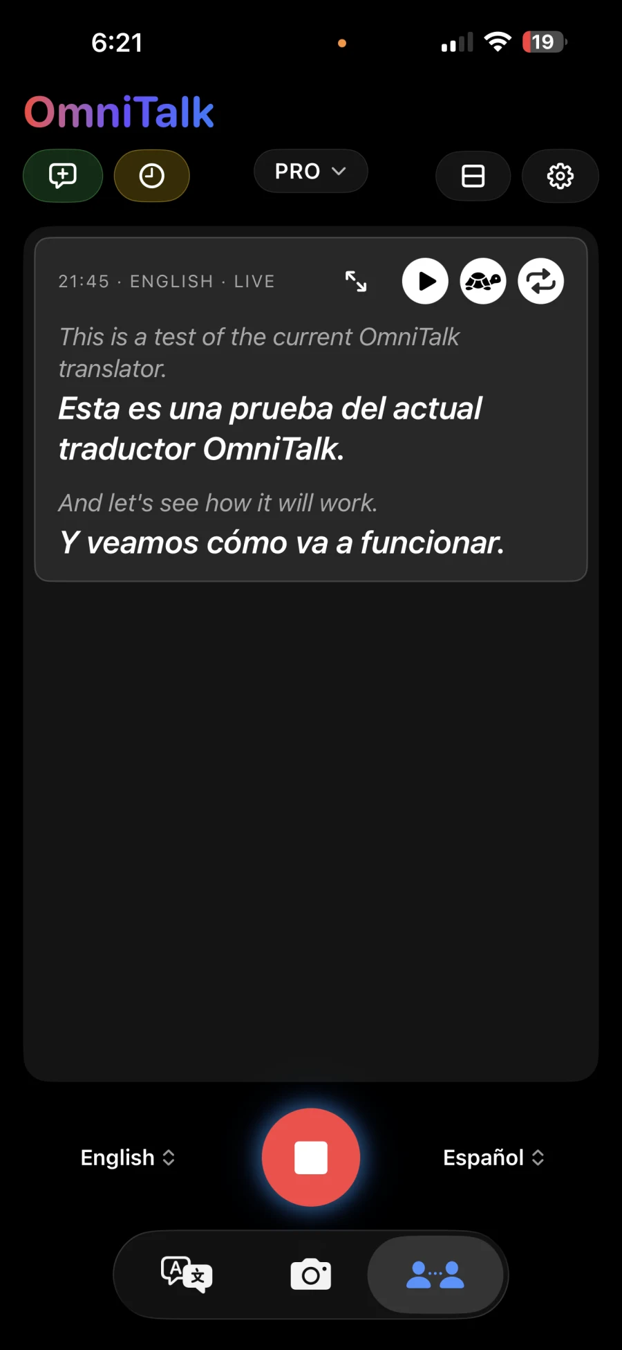 OmniTalk keeping both sentences together as two readable English-to-Spanish translation blocks