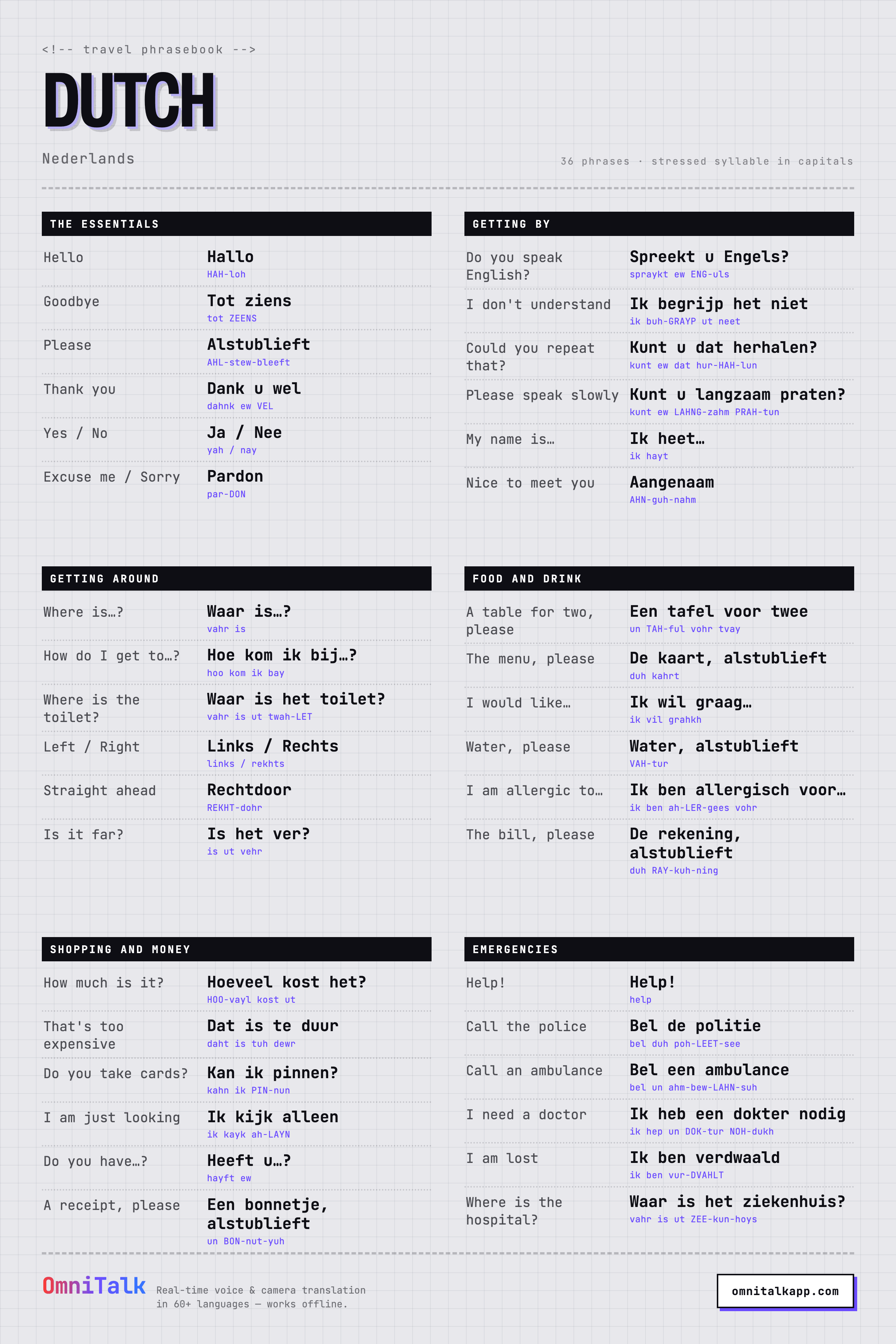 Printable Dutch travel phrasebook card with 36 phrases and pronunciation