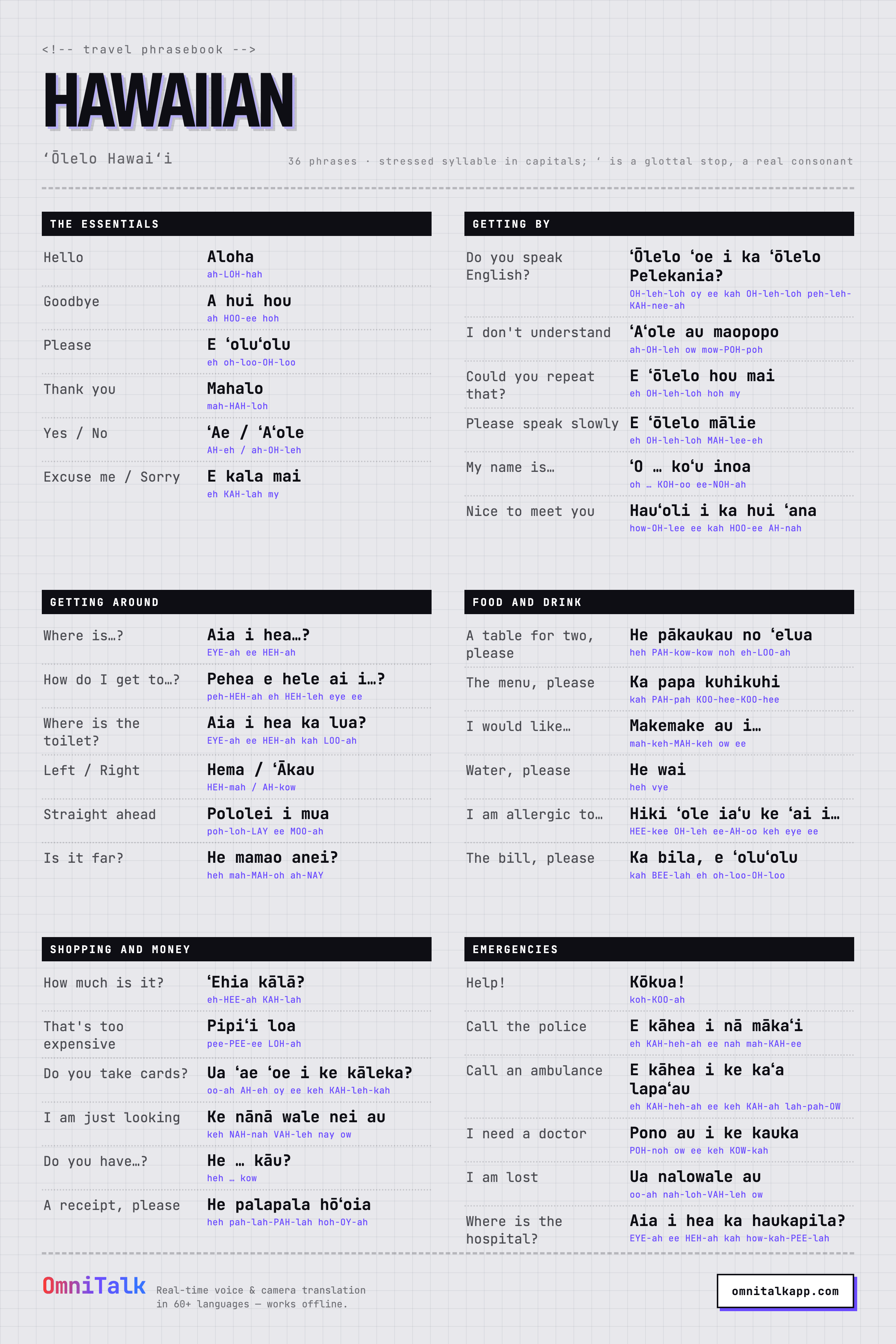 Printable Hawaiian travel phrasebook card with 36 phrases and pronunciation