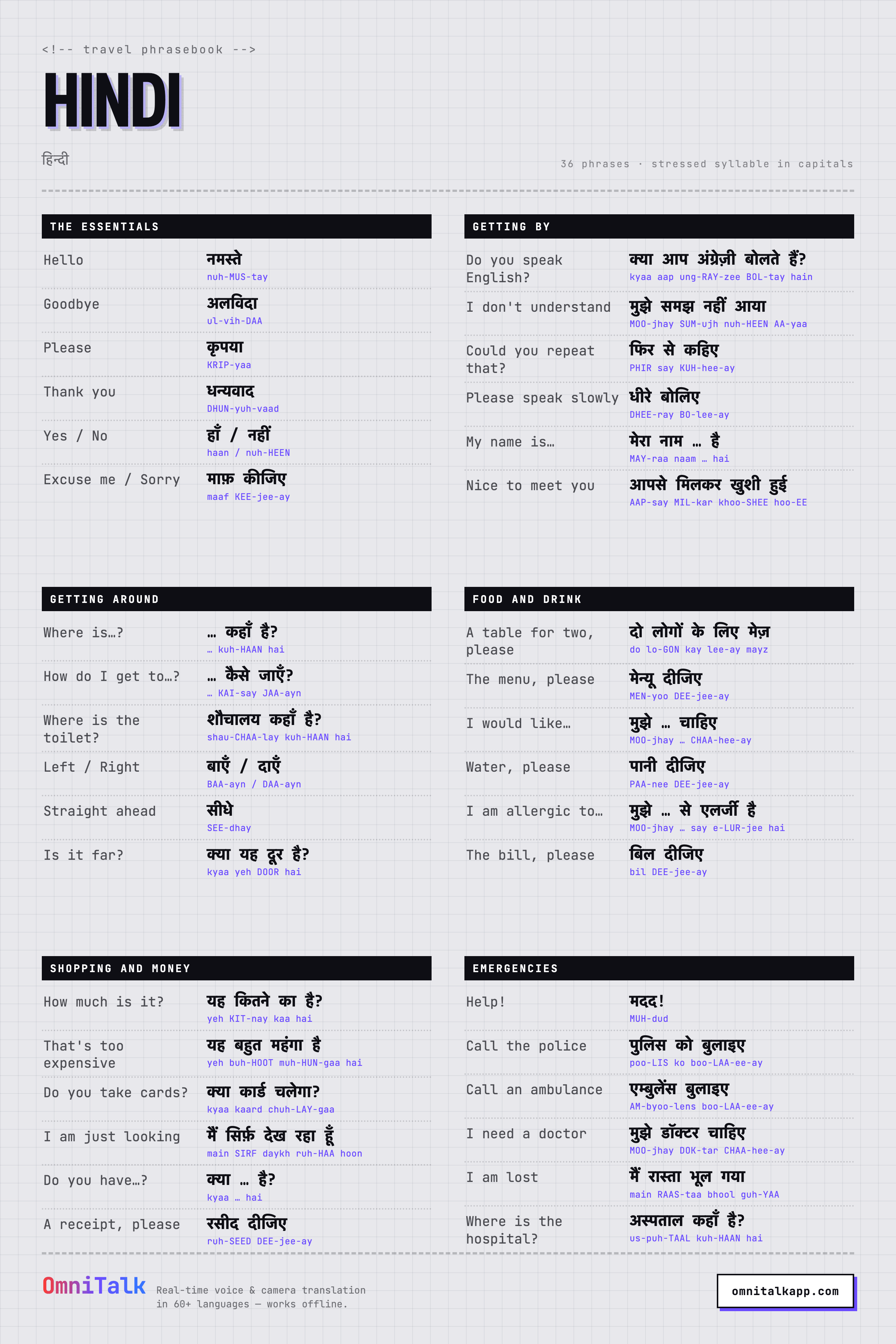 Printable Hindi travel phrasebook card with 36 phrases and pronunciation