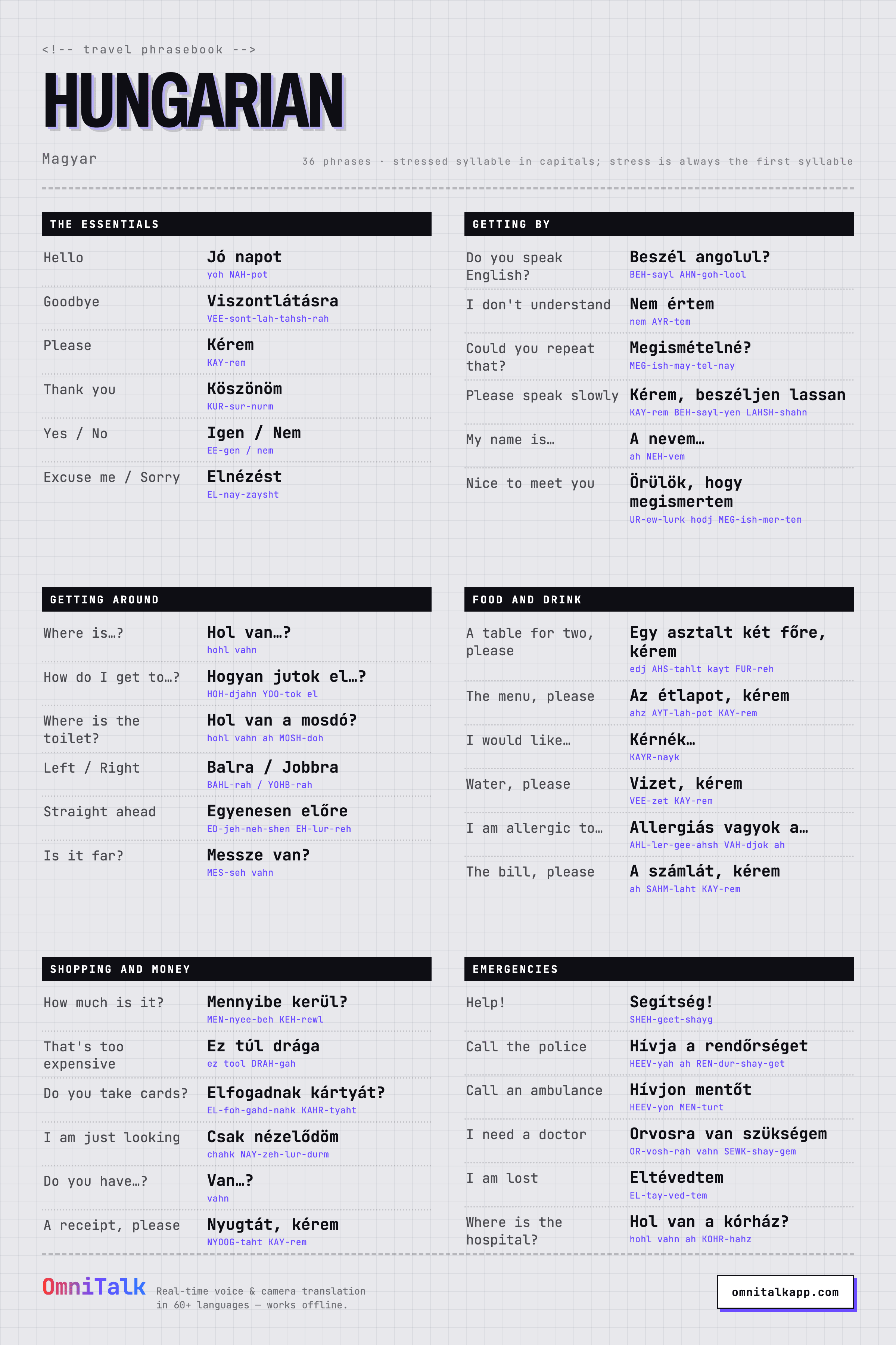 Printable Hungarian travel phrasebook card with 36 phrases and pronunciation