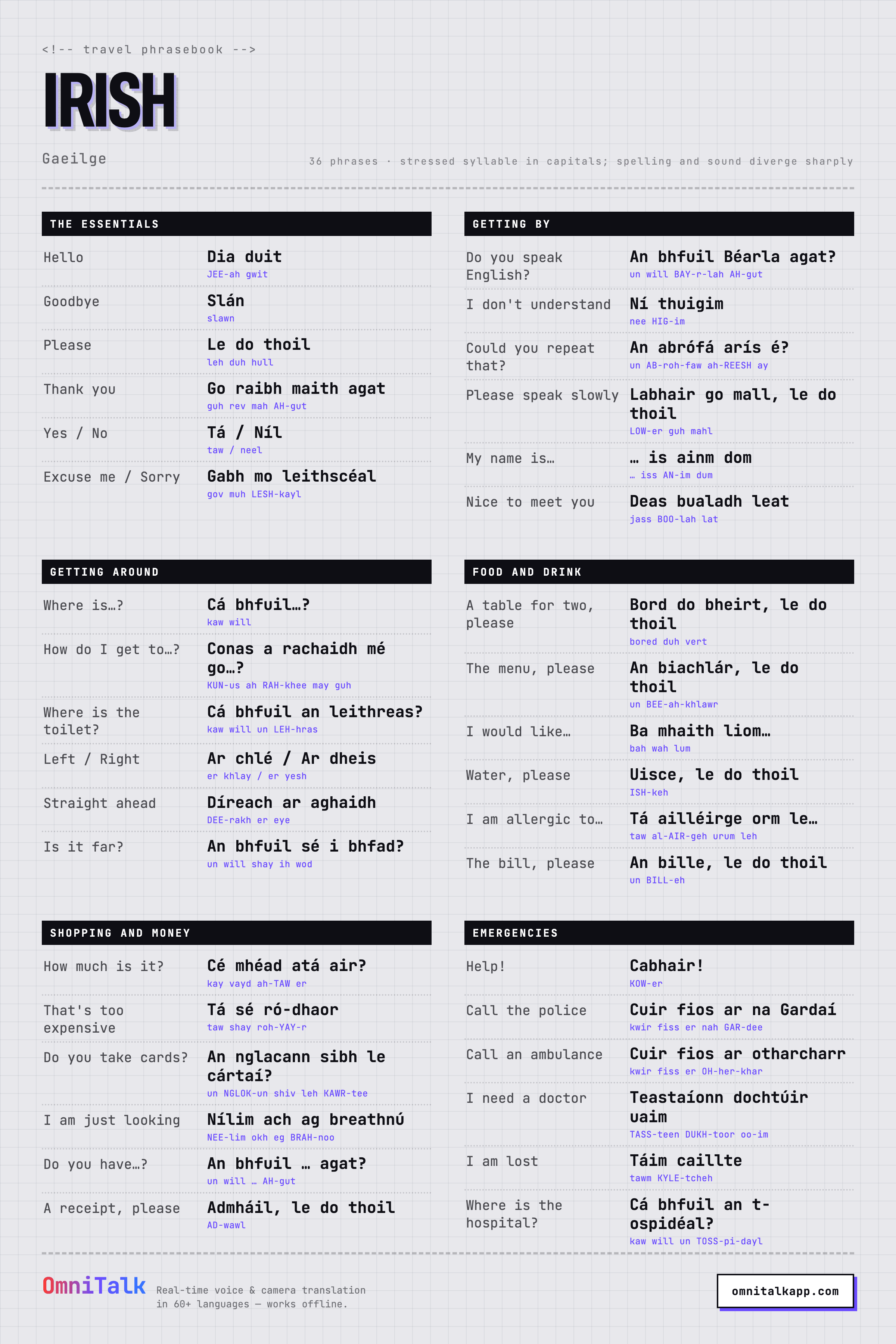 Printable Irish travel phrasebook card with 36 phrases and pronunciation