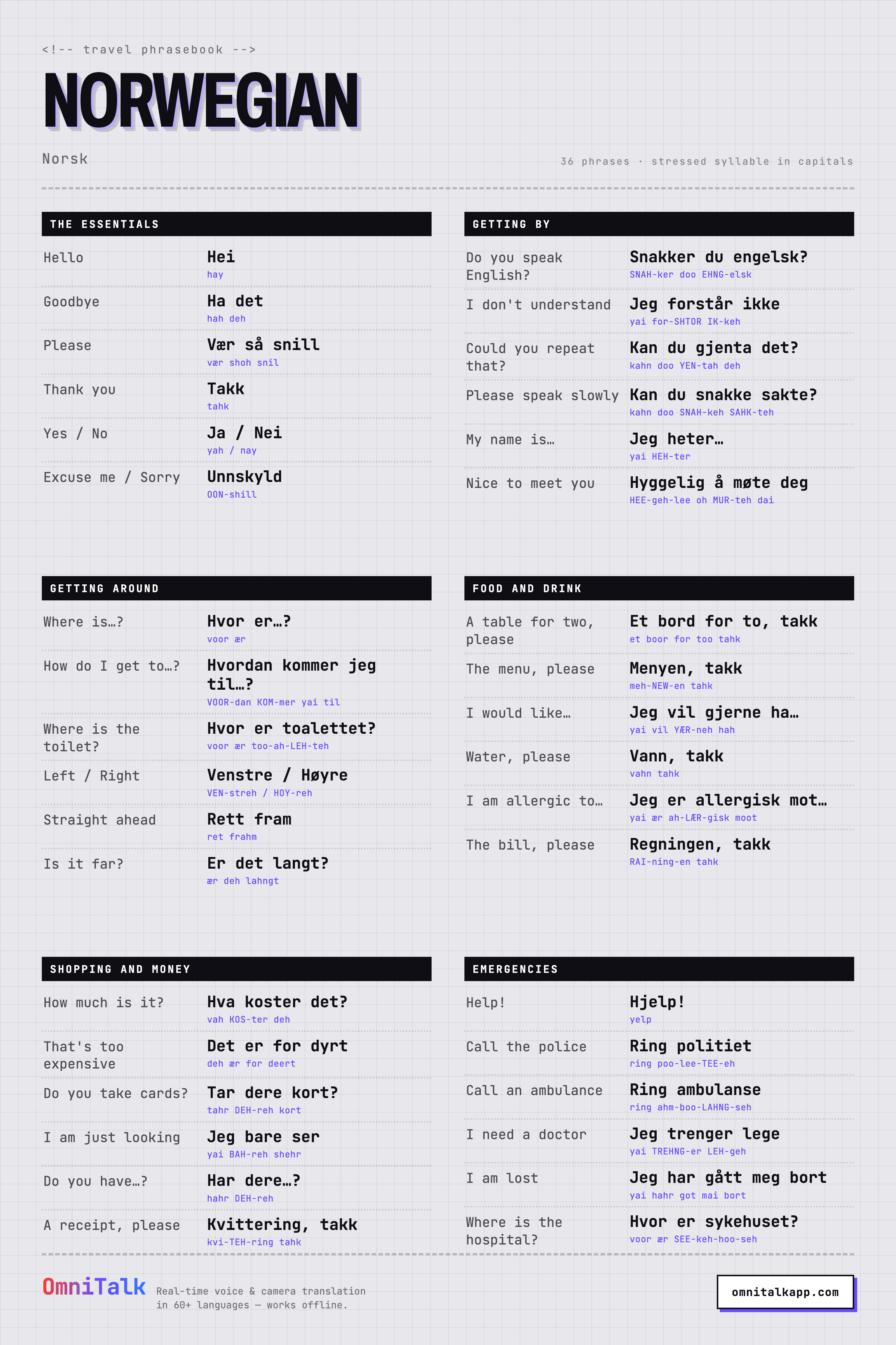 Printable Norwegian travel phrasebook card with 36 phrases and pronunciation