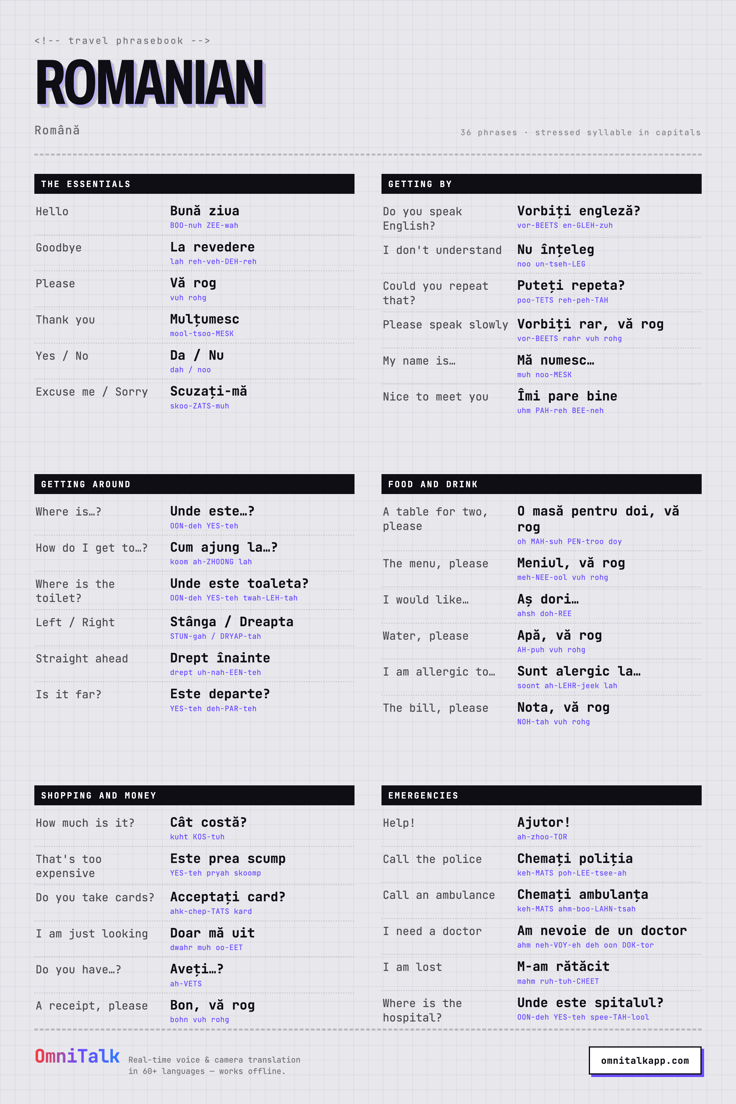 Printable Romanian travel phrasebook card with 36 phrases and pronunciation