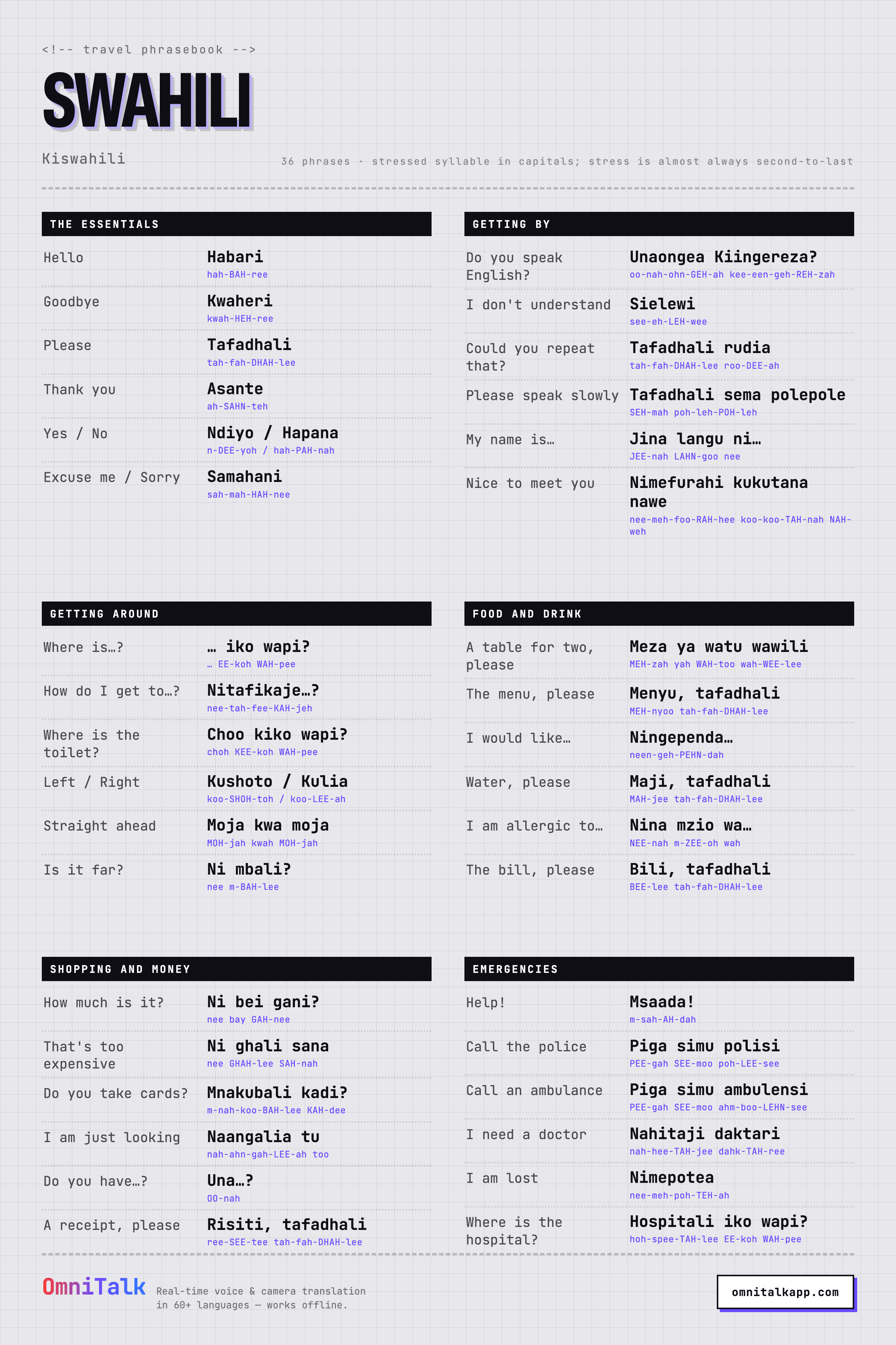 Printable Swahili travel phrasebook card with 36 phrases and pronunciation