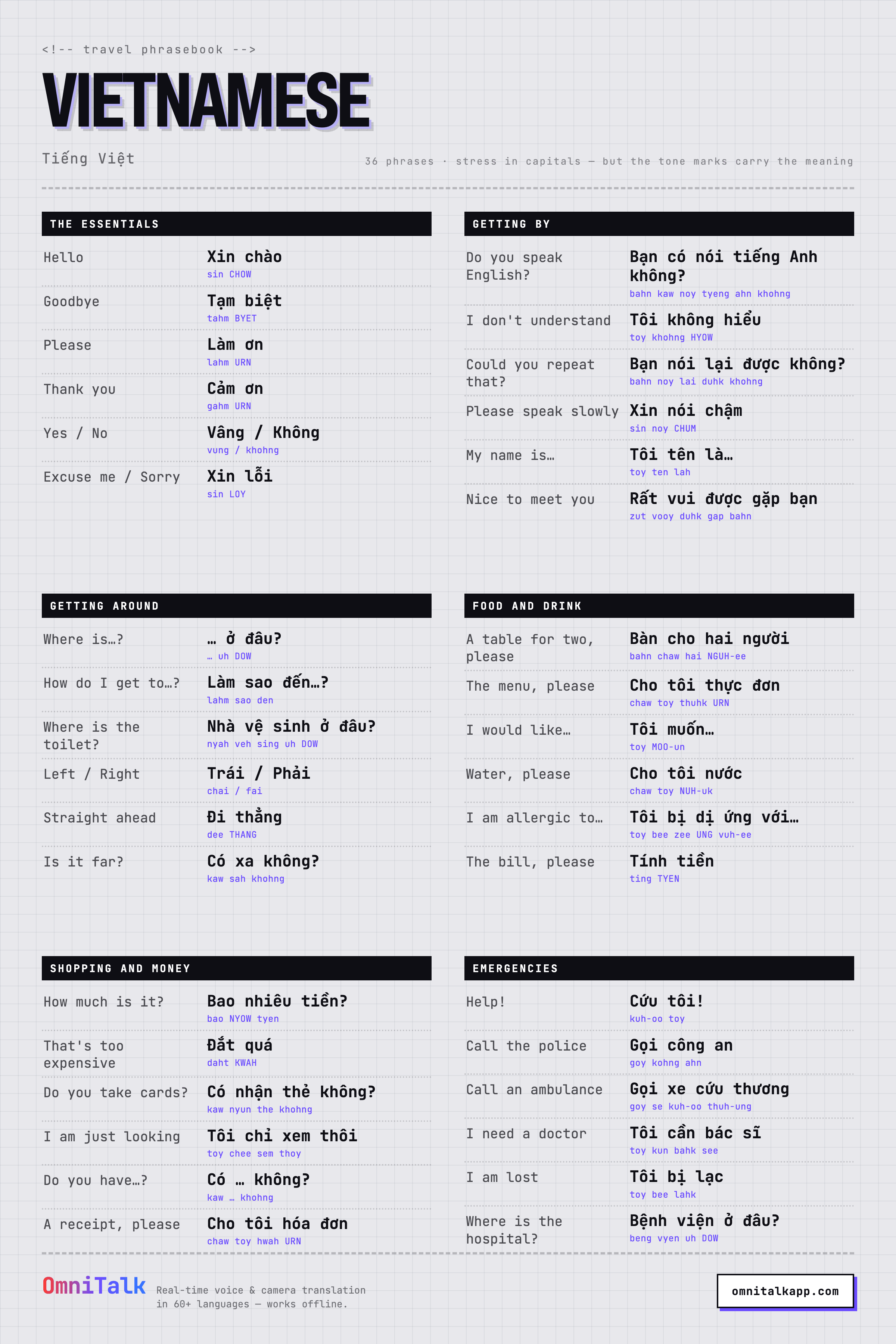 Printable Vietnamese travel phrasebook card with 36 phrases and pronunciation